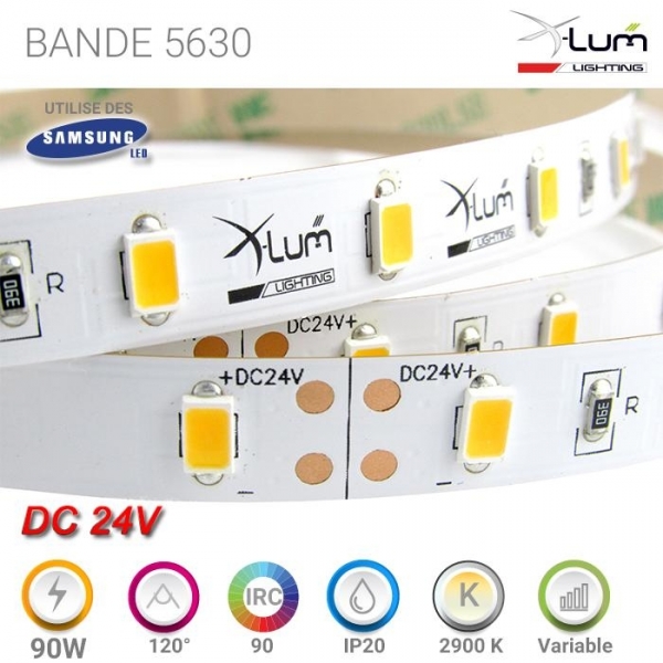 BANDE LED 90W 5630 2800-3200K 5M 24V 120° IP20 IRC 93